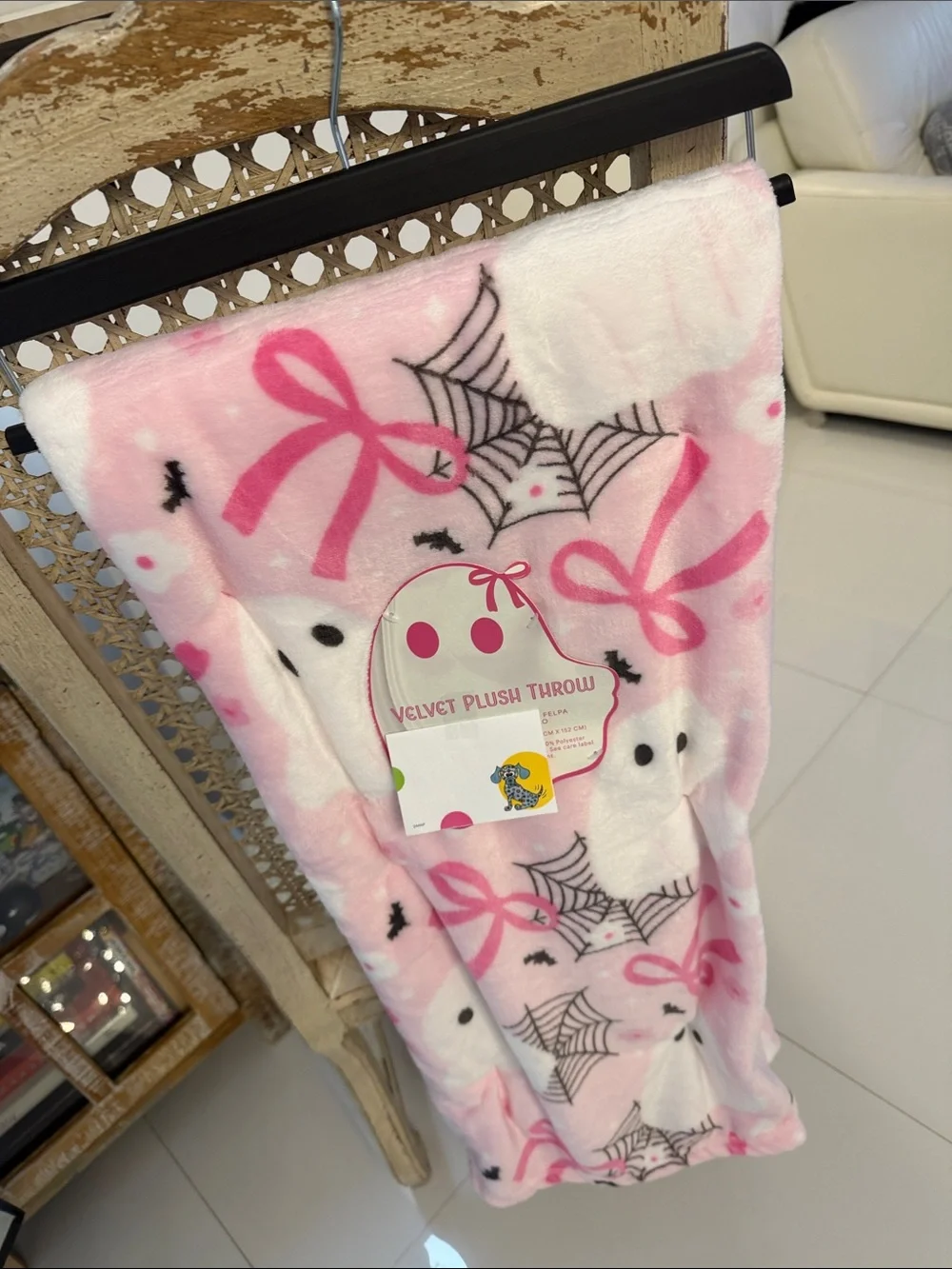 Velvet Plush Halloween Pink/White/Black Ghost/Ribbon/Bats Throw Blanket